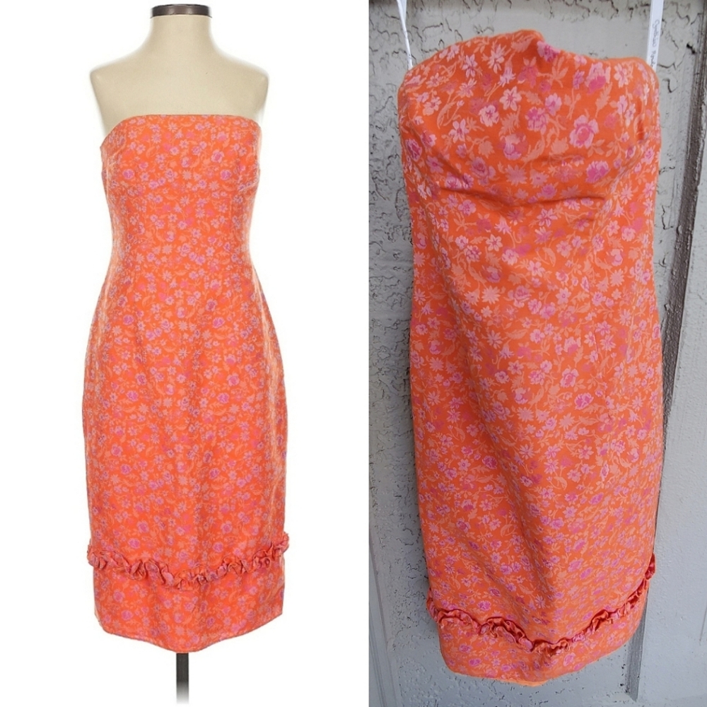 Beautiful 1990's Y2K Vintage Cynthia Rowley Floral Strapless Orange Cotton Dress